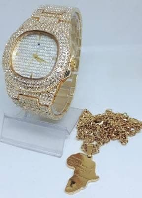Men Non Tarnish Gold Wristwatch & Non Tarnish Original Steel Necklace