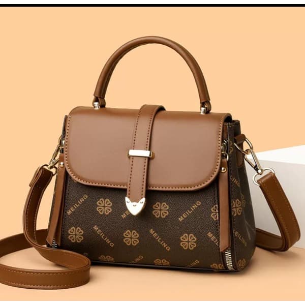 Brown “Four Leaf Clover” Patterned PU Leather Meiling Handbag