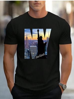 Men's Round Neck Short Sleeve T-Shirt With Letter & Building Print