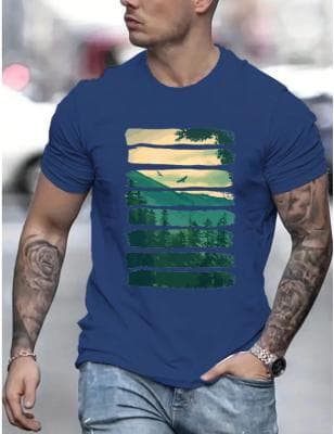 Men's Forest Print Round Neck Short Sleeve Casual T-Shirt, Summer