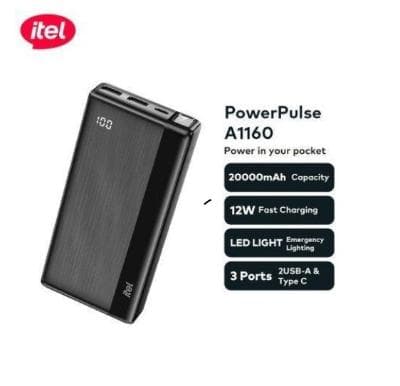 itel PowerPulse 20000mAh 12W Fast Charging, Torchlamp Power Bank