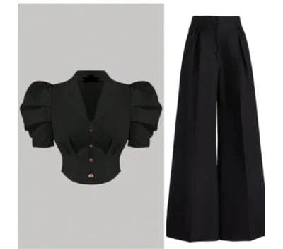 V- Hem Top And Trouser Set - Beige/Dark blue/ Black